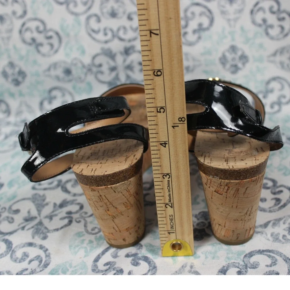 Tommy Hilfiger TWHESLEY-A Black Cork Wedge Platform Sandals Womens 8M Gold‎ Logo